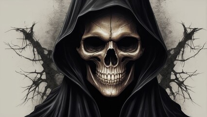 Skull in a Black Hood with Branching Tree Silhouettes