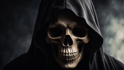 Close-up of a Grim Reaper Skull with a Black Hood