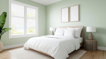 Coastal bedroom with soft seafoam green walls, light wood floors, and white linens, photorealistic, soothing beach retreat