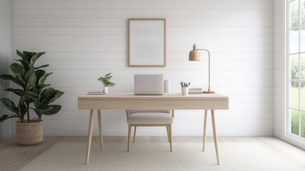 Fototapeta premium Coastal-style home office with white shiplap walls, light wood desk, and soft nautical accents, photorealistic, beachside work sanctuary