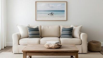 Naklejka premium Coastal-style living room with neutral tones, driftwood coffee table, and nautical artwork, photorealistic, timeless beach charm