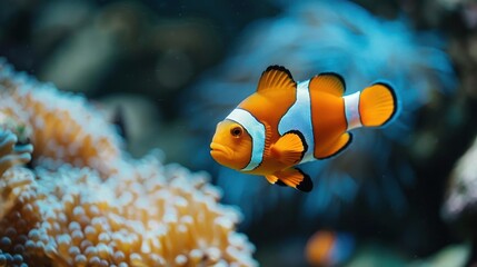 a brightly colored Nemo clownfish, which is surrounded by vibrant coral in the ocean.