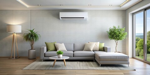 Fototapeta premium Energy efficient air conditioner blending seamlessly with modern living room decor, energy efficient