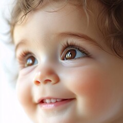 Charming Close-Up of a Joyful Baby with Big Brown Eyes on a Bright White Background