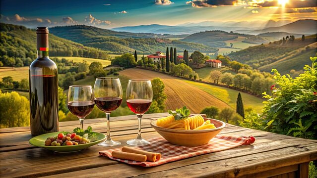 Rustic wooden table setting with a bottle of Chianti, wine glasses, and a plate of fresh pasta, surrounded by lush Tuscan countryside scenery.