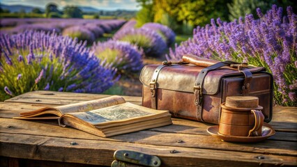Rustic wooden table with vintage map of Provence, France, surrounded by lavender flowers, antique books, and a worn leather satchel, evoking a sense of adventure.