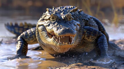 Obraz premium A close-up photograph of a crocodile in the water, holding a small fish on its mouth.