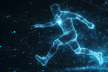 Fototapeta premium An abstract digital background showcasing a soccer player in motion, highlighted by dynamic shapes and vibrant colors