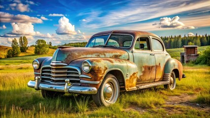 Fototapeta premium Rustic, worn-out classic vehicle with faded paint and chrome accents parked in a rural landscape, evoking a sense of nostalgia and Americana.