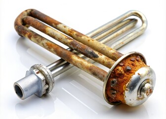 Rusty anode rod and scaled tube of an electric water heater's heating element, revealing signs of corrosion and mineral buildup from prolonged use.