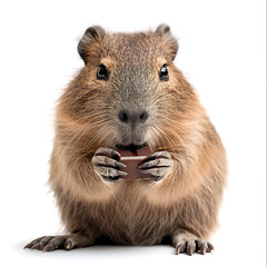 Fototapeta premium A cute capybara munching on a piece of chocolate, its small paws holding the treat. The capybara’s curious eyes and relaxed demeanor add charm to the playful moment
