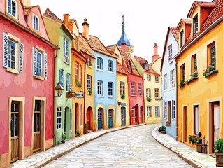 Obraz premium Charming European Street Scene Showcasing Colorful Buildings and Cobblestone Roads Filled 