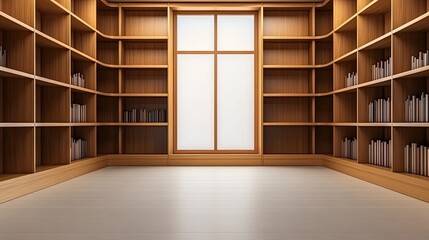 Obraz premium A large, empty walk-in closet with light brown cabinetry and ample shelving, illuminated by natural light streaming through a window