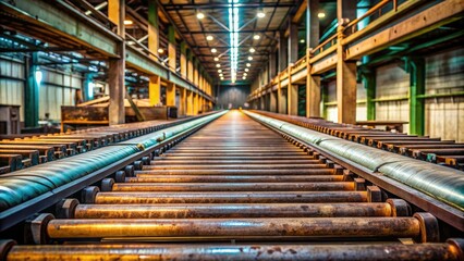 Obraz premium Rusty industrial conveyor belt with metallic framework and worn rollers stretches through a dimly lit factory, awaiting raw materials for processing and manufacturing.
