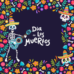 Cute hand drawn Day of the Dead illustrations, colorful calaveras with detailed sombreros and flower decoration - vector design