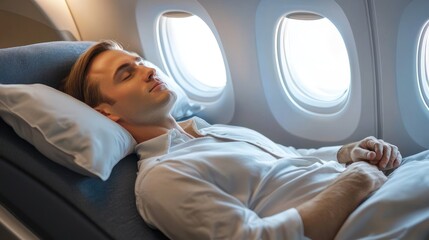 People are sleeping comfortably in airplane window seats during a daytime flight. Generative Ai