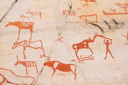 samples of the rock carvings inside the World Heritage Rock Art Centre at Alta Museum, Alta, Norway