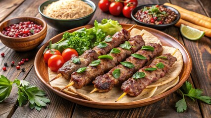 Savory Adana kebabi delight, Turkish minced lamb meat skewers grilled to perfection, served on a plate with crunchy sesame-topped pita bread and fresh veggies.