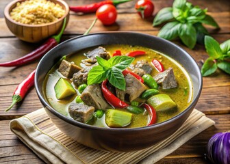 Savory and aromatic, spicy boiled slice beef meat with tender eggplant simmers in a rich and creamy coconut milk green curry soup in a bowl.