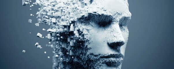 Digital face made of white pixelated blocks dissolving into abstract fragments representing technology and artificial intelligence
