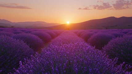Tranquil Sunset Over Blooming Lavender Field
