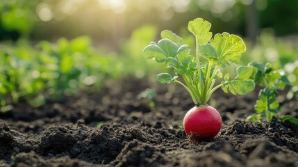 Close-up of a red radish plant. Perfect for representing fresh produce, homegrown food, or healthy eating.