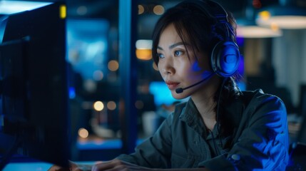 Focused Asian female customer service agent wearing a headset, working late night shift in a dimly lit call center environment. Ideal for representing night-time customer support services.

