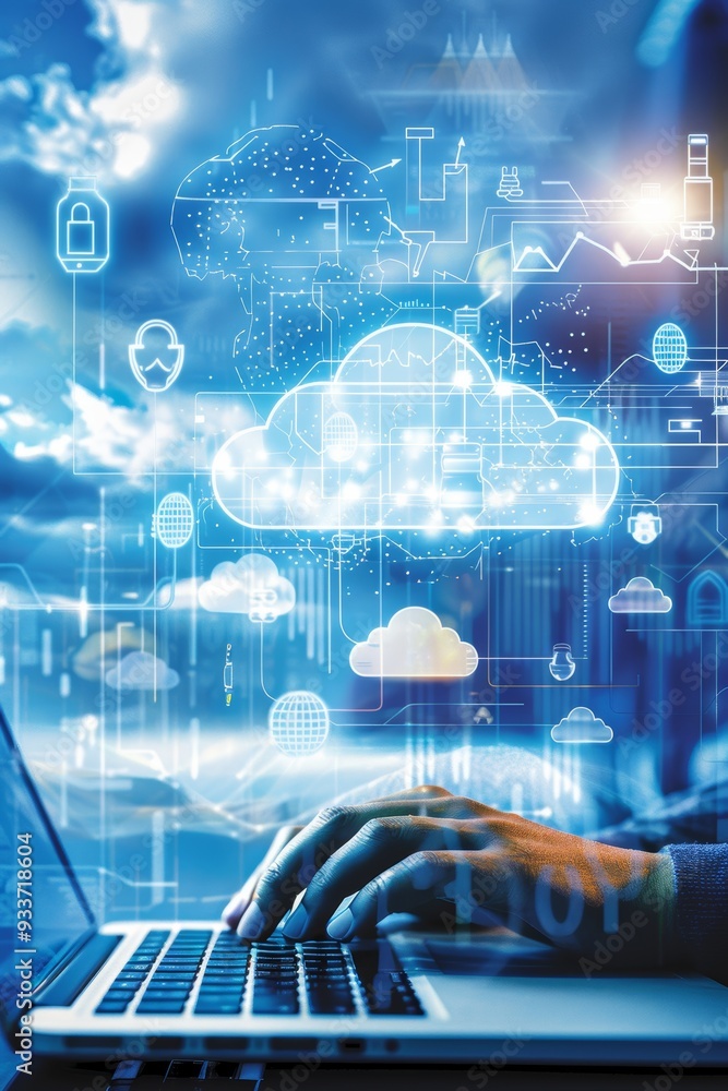 Poster hands typing on a laptop with a projection of a cloud computing diagram hovering over a city skyline