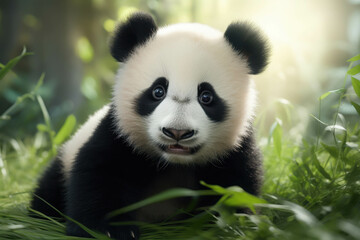 Curious Panda Cub: A captivating portrait of a baby panda with striking blue eyes, looking directly at the camera with a playful curiosity. The soft, green foliage and warm sunlight create a whimsical