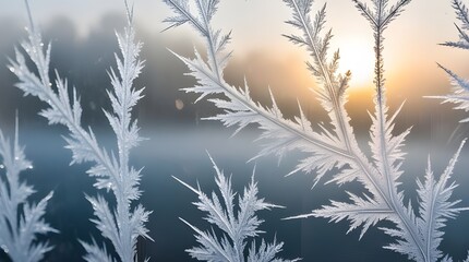 Fototapeta premium A close-up of frost patterns on a window, with intricate, delicate, and crystalline shapes featuring feathery, branch-like tendrils and geometric, angular formations, illuminated by soft, warm, golden