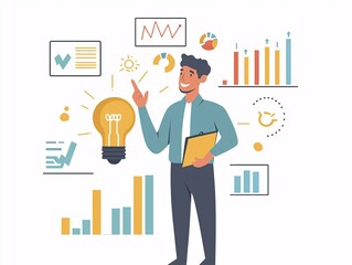 Innovative Startup Founder with Lightbulb Surrounded by Growth Charts in Flat Design Style