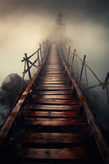 Obraz premium Bridge into the Unknown: A weathered wooden bridge stretches into a mystical fog, inviting adventure and contemplation. 