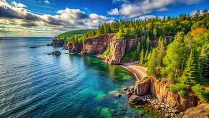 Fototapeta premium Scenic overlook of Lake Superior's rugged shoreline, featuring dramatic cliffs, rocky beaches, and lush green forests in Minnesota's picturesque North Shore region.