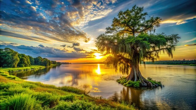Scenic sunset on the Mississippi River, with a winding waterway, lush green vegetation, and a majestic old cypress tree standing tall along the riverbank.