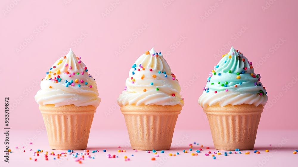 Poster three cupcakes with sprinkles on a pink background. this image can be used for advertisements or web