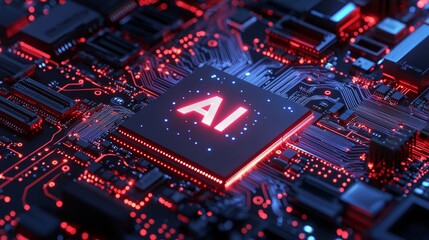 Fototapeta premium AI processor on red-lit circuit board