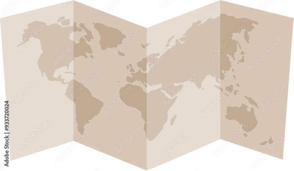 Poster folded paper map of the world showing continents in a simplified design.