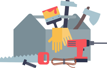 Cartoon toolbox with tools like hammer, saw, drill, and gloves, symbolizing DIY and home improvement.