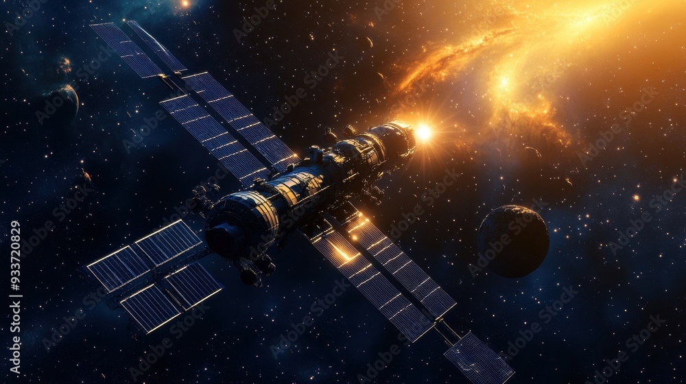 Wall mural futuristic space station orbiting a distant binary star system with solar panels