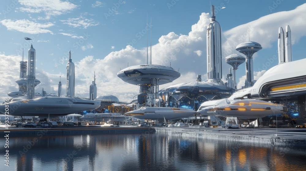 Wall mural futuristic spaceport with multiple spacecraft docked and refueling in outer space
