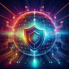 Obraz premium Cybersecurity shield surrounding a globe with digital connections, symbolizing global business protection, technology security world
