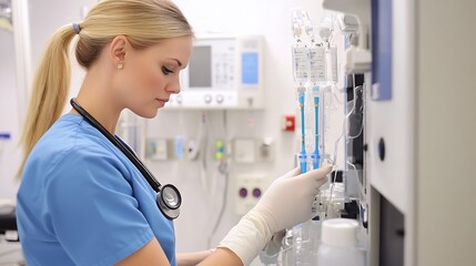 Oncology infusion nurse a chemotherapy unit preparing chemotherapy drugs for infusion