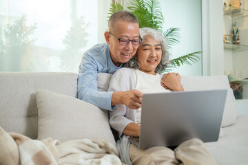 Elderly couple is sitting together on a comfortable sofa at home and using laptop.