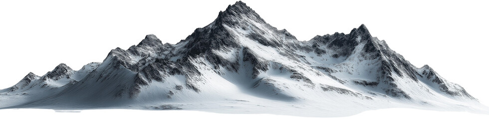 A panoramic view of a snow-covered mountain range with prominent sharp peaks and smooth slopes.

