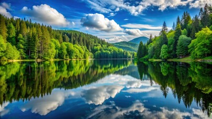 Fototapeta premium Serene and tranquil landscape of a still clear lake surrounded by lush green forest, reflecting the beauty of nature with perfect mirrored symmetry.