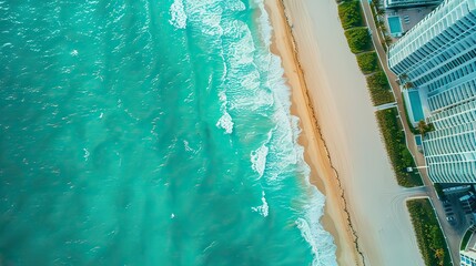 Drone view of Sunny Isles Beach, highlighting the contrast between the turquoise sea and the golden beach. 