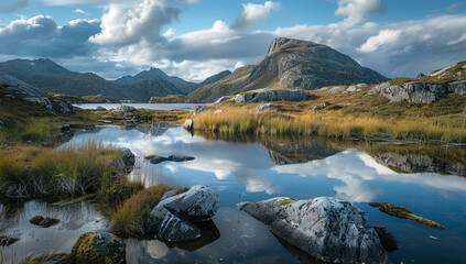 a view of a dome mountain with a reflective lake and rocky outcrops