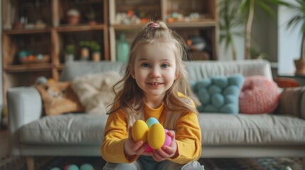 Fototapeta premium Happy Little Girl Holding Easter Eggs