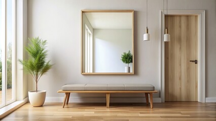Minimalist entryway with wooden bench, large mirror, and natural light seen from below, interior design, natural light, simplicity, large mirror, modern, neutral colors, spacious