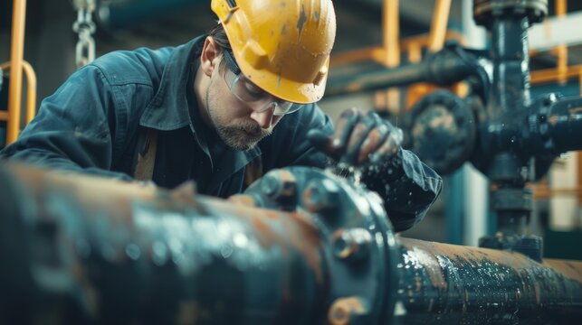 Worker inspecting valve for filtering water.